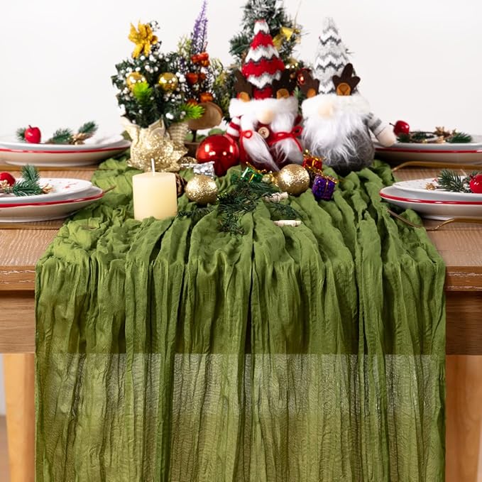 Olive Green Cheesecloth Table Runner 4 Pack Christmas Table Runners Boho Gauze 120 Inches Green Cheese Cloth Table Decora for Xmas Holiday Season Parties Wedding Bridal Baby Shower Tea Party