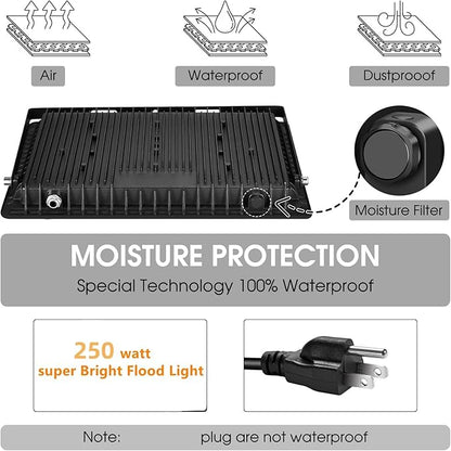 2 Pack 250W Led Flood Lights Outdoor,Super Bright 37000LM Security Lights with Plug,Exterior IP66 Waterproof 5000K Daylight White FloodLight for Basketball Court, Yard, Garden,Parking lot etc