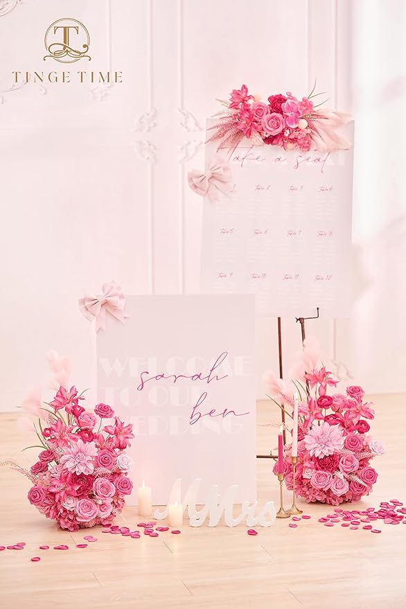 TINGE TIME Free-Standing Artificial Flower Set of 2, Table Centerpiece with Rubber Pad, Silk Fake Flower for Wedding Centerpiece Archway Aisle Welcome Entrance (Hot Pink)