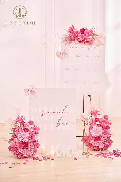 TINGE TIME Free-Standing Artificial Flower Set of 2, Table Centerpiece with Rubber Pad, Silk Fake Flower for Wedding Centerpiece Archway Aisle Welcome Entrance (Hot Pink)