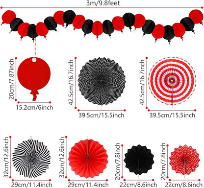 Red and Black Party Decorations, Papar Fans Pompoms Fans Garlands for Birthday Wedding Graduation Game Night Boy Girl Party Decorations