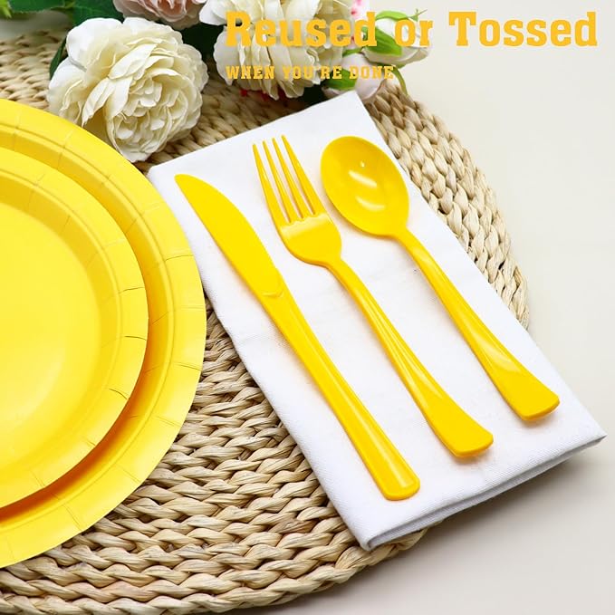 150 Pack Yellow Plastic Silverware, Yellow Utensils Include 50 Plastic Forks 50 Spoons 50 Knives for Birthday Party, Wedding, Picnic