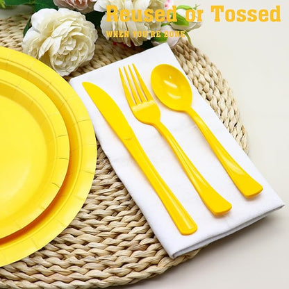 150 Pack Yellow Plastic Silverware, Yellow Utensils Include 50 Plastic Forks 50 Spoons 50 Knives for Birthday Party, Wedding, Picnic
