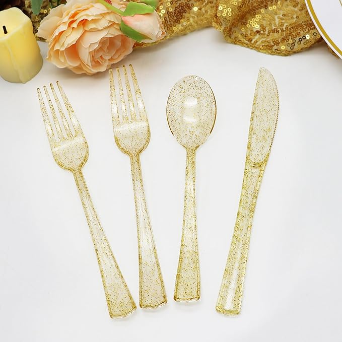 150 Pack Gold Plastic Silverware, Glitter Plastic Silverware Heavy Duty -50 Gold Glitter Forks, 50 Knives, 50 Spoons for Birthday, Baby Shower, Bridal Shower, Family Gathering