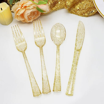 150 Pack Gold Plastic Silverware, Glitter Plastic Silverware Heavy Duty -50 Gold Glitter Forks, 50 Knives, 50 Spoons for Birthday, Baby Shower, Bridal Shower, Family Gathering