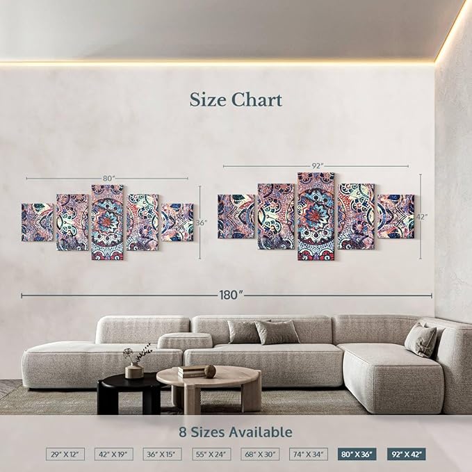 ElephantStock - Mandala Enchantment Wall Art - Horizontal Multi Panel Canvas - 5 Piece Living Room Wall Decor - Digital Art Elements Multi Piece Wall Art - Blue And Beige Decor - 80" x 36"