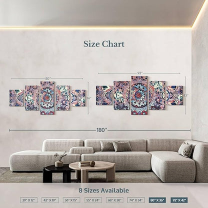 ElephantStock - Mandala Enchantment Wall Art - Horizontal Multi Panel Canvas - 5 Piece Living Room Wall Decor - Digital Art Elements Multi Piece Wall Art - Blue And Beige Decor - 80" x 36"
