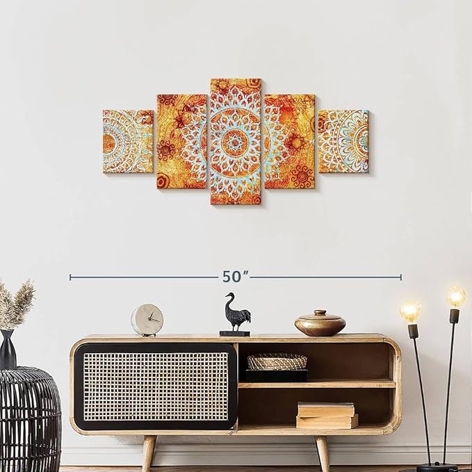 ElephantStock - Sun Like Mandala Symbols Wall Art - Horizontal Multi Panel Canvas - 5 Piece Living Room Wall Decor - Digital Art Elements Multi Piece Wall Art - Orange And Blue Decor - 42" x 19"