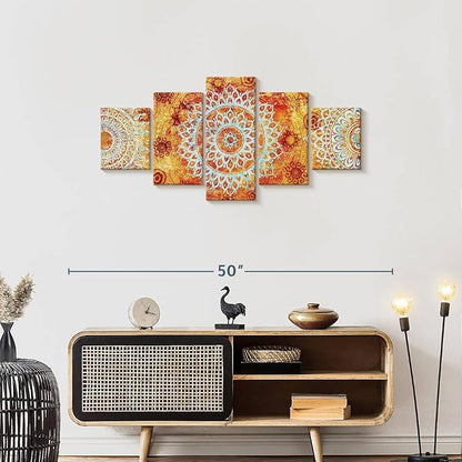 ElephantStock - Sun Like Mandala Symbols Wall Art - Horizontal Multi Panel Canvas - 5 Piece Living Room Wall Decor - Digital Art Elements Multi Piece Wall Art - Orange And Blue Decor - 42" x 19"