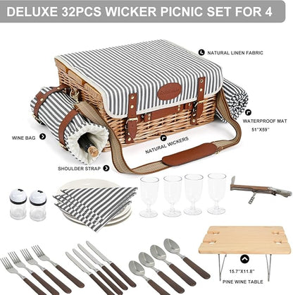 Multifunctional Wicker Picnic Basket Set for 4 with Blanket and Picnic Table, Insulated Picnic Set with Full Tablewares for Camping Outdoor Couples, Stripes