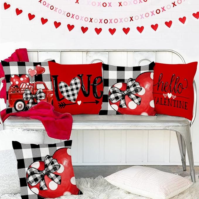 Buffalo Plaid Pillow Covers 20x20 Set of 4 Polka Dot Red Heart with Bow Love Truck Valentine Pillows Decorative Throw Pillows Valentines Day Decorations G169-20