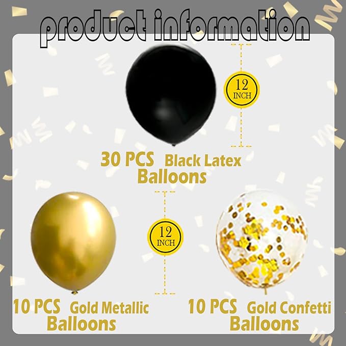 JOJO FLY 50 Pcs 12 Inches Black and Gold Balloons, Gold Confetti Balloons, Retirement, Birthday Party Decorations, New Years Eve Decorations, Graduation Party Supplies