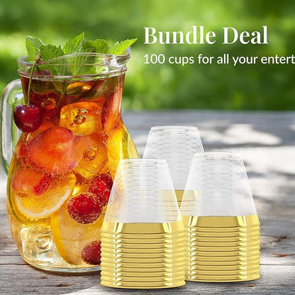 Prestee 100-Pack 9oz Gold Rimmed Plastic Cups Disposable Wine Glasses for Charcuterie, Weddings, Parties, and Events - Elegant Cocktail and Drinking Cups for Champagne, Martini, and Mocktails