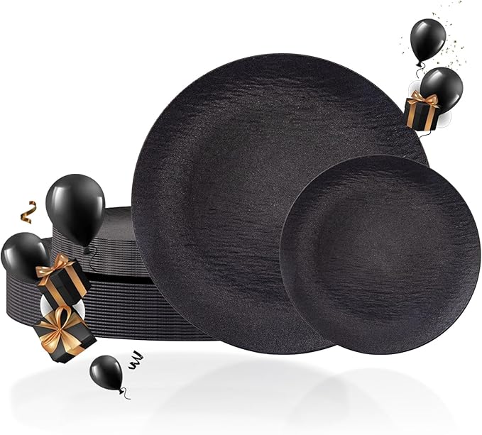 WONDERFUL 32pcs Black Plates Black Plastic Plates Unbreakable and Reusable Plastic Plate Dishwasher safe Dishes Set Includes:16 Dinner 10" & 16 Dessert Plate 7.3" Suitable for Christmas New Year