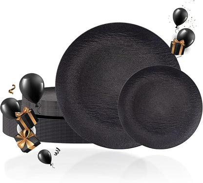 WONDERFUL 32pcs Black Plates Black Plastic Plates Unbreakable and Reusable Plastic Plate Dishwasher safe Dishes Set Includes:16 Dinner 10" & 16 Dessert Plate 7.3" Suitable for Christmas New Year