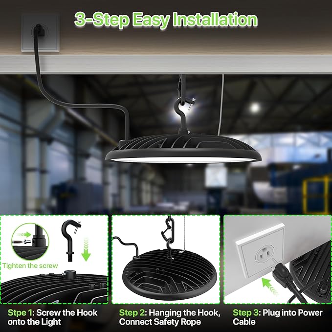Glitgate High Bay LED Shop Lights 200W - 28000LM 5000K IP65 Waterproof High Bay Lights with US Plug, Hanging Hook, 4 Pack Commercial Bay Lighting for Barn, Warehouse ETL Listed