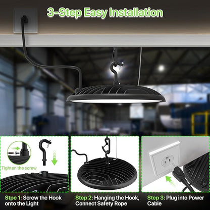 Glitgate High Bay LED Shop Lights 200W - 28000LM 5000K IP65 Waterproof High Bay Lights with US Plug, Hanging Hook, 4 Pack Commercial Bay Lighting for Barn, Warehouse ETL Listed