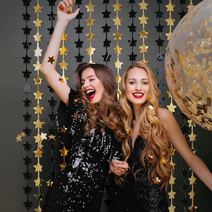 LOLStar Black and Gold Star Birthday Party Decorations 2Pack 3.3X6.6 ft Golden Photo Booth Props Backdrop Streamers Star Foil Fringe Curtains for New Year 2026 Decor Men Black Yellow Party Supplies