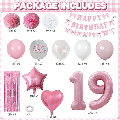 19th Birthday Decorations for Girls Pink Number 19 Balloon Bow Coquette Happy Birthday Banner Fringe Curtain Paper Pom Poms Star Heart Foil Pink White Balloons 19 Year Old Party Decor for Her