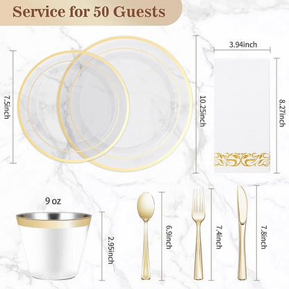 BESTVIP 350PCS Clear Gold Disposable Dinnerware Set for 50 Guests, Plastic Plates for Party, Wedding, Christmas, Halloween, Include: 100 Plastic Plates, 50 Gold Silverware, 50 Cups, 50 Napkins