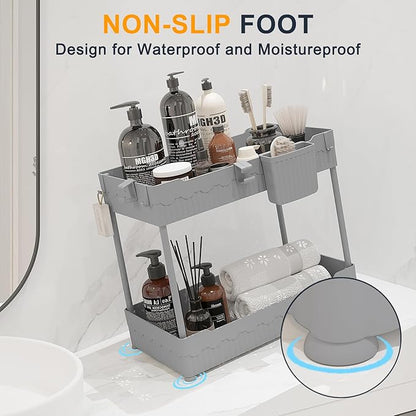 2 Pack Under Sink Organizer, Under Bathroom Cabinet Organizer with Hooks Hanging Cup, Multi-Purpose Storage Shelf for Kitchen Bathroom (Gray, 12.8 Inch)