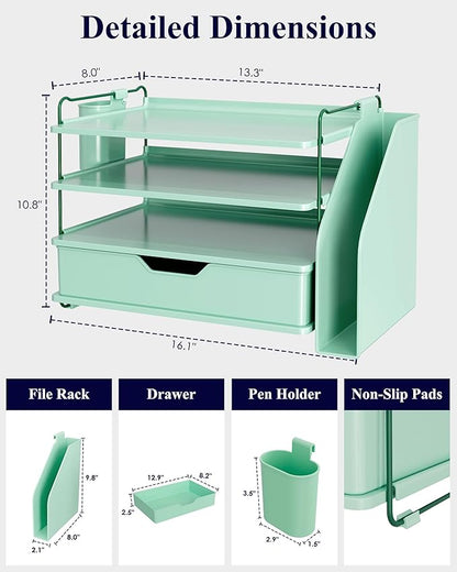 Kitsure Desk Organizer - 4-Tier Office Desk Accessories with Drawer ＆ Pen Holder, Tool-Free Assembly Organizer with Non-Slip Pads, for Office Supplies Storage, Plastic, 13.3" x 8.0" x 10.8", Green