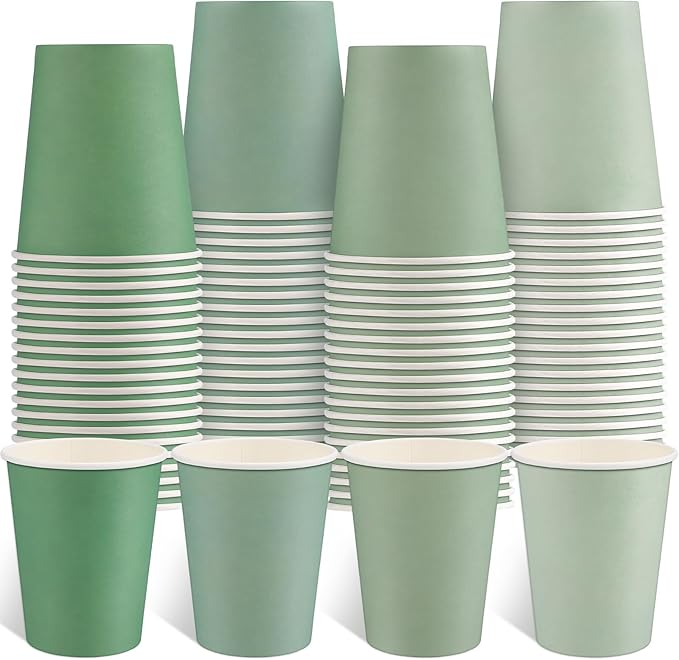 100 Pack Sage Green Paper Cups 9oz Gradient Sage Green Party Cups Disposable Paper Cups, Drinking Cups for Wedding Birthday Baby Shower Party Supplies