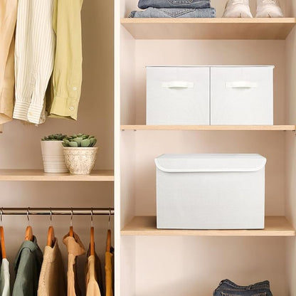 Large 22 Quart Linen Fabric Foldable Storage Bin Cube Organizer Basket with Flip-Top Lid & Handles, Clothes Blanket Box for Home, Office, Closet, White, 4 Pack 14.6 x 9.5 x 9.5”