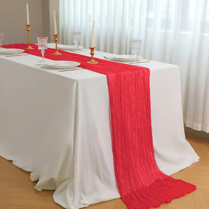 Snowkingdom 10 Ft Red Christmas Cheesecloth Table Runner, 120 inch Long Cheese Cloth Boho Gauze Sheer Runner for Wedding Bridal Baby Shower Birthday Sheer Holiday Table Decorations