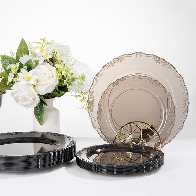 U-QE 100PCS Clear Black Plastic Plates - Heavy Duty Black Disposable Plates Including 50PCS 10'' Dinner & 50PCS 7.5'' Dessert Plates -Hard Plastic Platos for Halloween & Party & Wedding