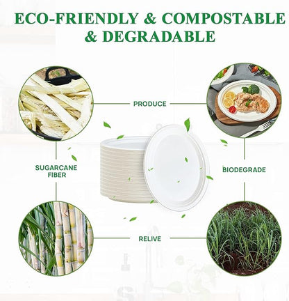 Vplus 100% Compostable Oval Paper Plates 12 inch 125 Pack Super Strong Disposable Paper Plates Bagasse Natural Biodegradable Eco-Friendly Sugarcane for BBQ, Party, Dinner, and Picnic