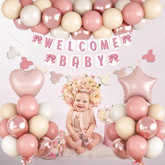 Dusty Pink Baby Shower Decorations Oh Welcome Baby Girls Balloon Set with Star Heart Foil Balloons Bunting Banner Bodysuit Garland Bow Boho Blush Beige Rose Gold White Sand Gender Reveal Party Boys