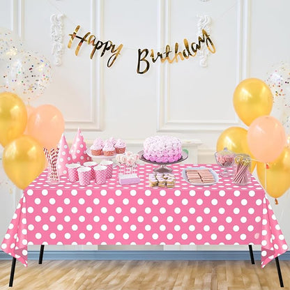 WNINK 3 Pack Pink and White Polka Dot Tablecloths, Pink Disposable Plastic Waterproof Table Cover, 54" x 108", for Birthday, Wedding, Bridal Shower, Bachelor, Pink Girl Party, and Picnic