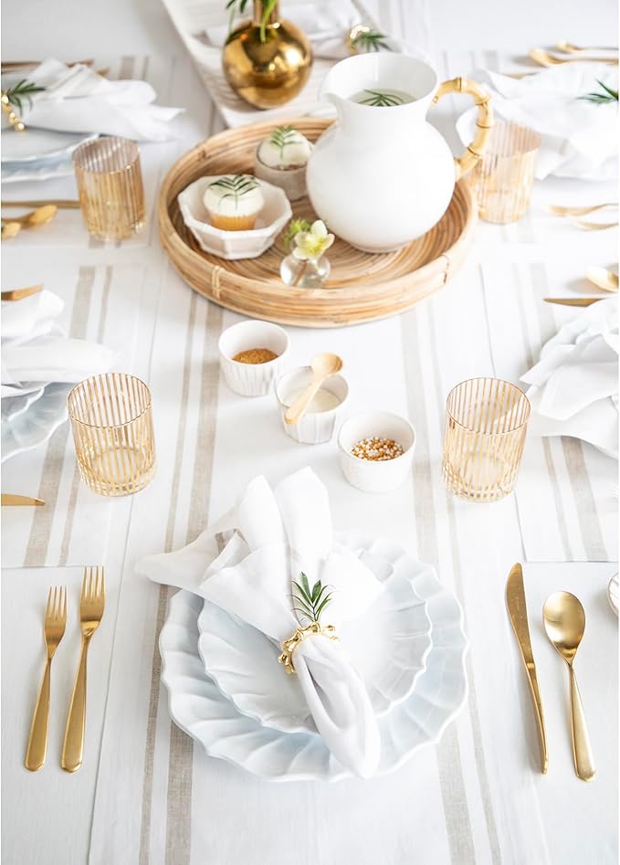 Solino Home Linen Table Runner 120 Inches Long - 100% Pure Linen Natural and White French Stripe Table Runner 14 x 120 Inch for Dining, Fall, Autumn, Thanksgiving