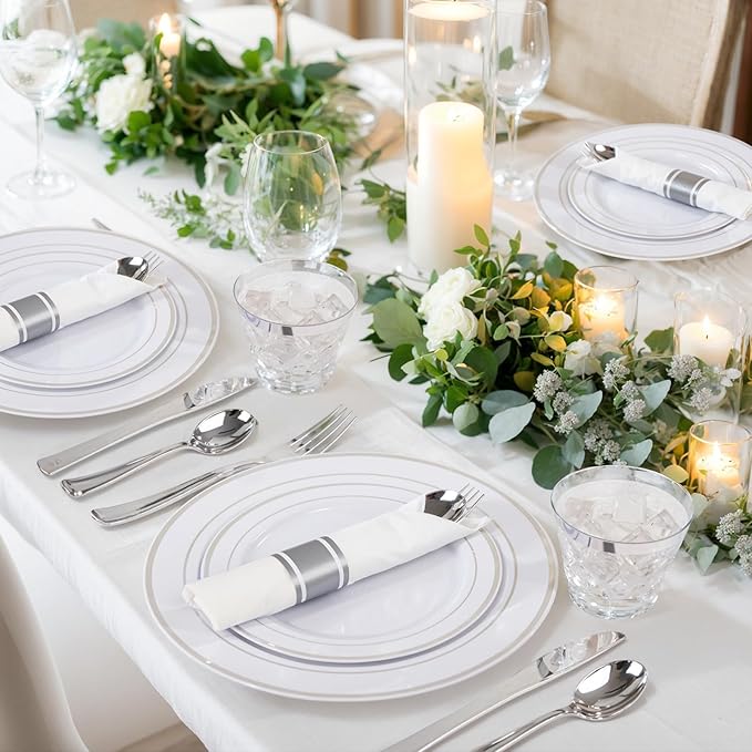 WELLIFE 700 Pcs Silver Plastic Plates for 100 Guests - Christmas Party Supplies Includes 200 Plastic Plates,300 Silver Silverware,100 Napkins,100 Cups for Party,Disposable Dinnerware Set