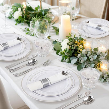 WELLIFE 700 Pcs Silver Plastic Plates for 100 Guests - Christmas Party Supplies Includes 200 Plastic Plates,300 Silver Silverware,100 Napkins,100 Cups for Party,Disposable Dinnerware Set