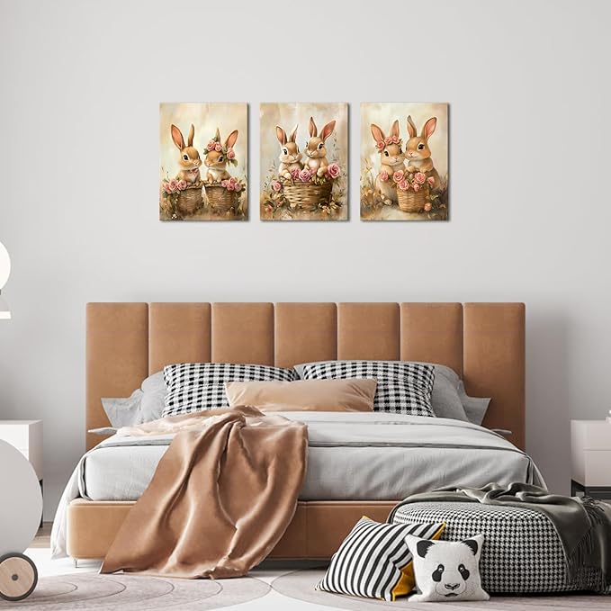 PoGoXiPoYo 3 Pieces Canvas Wall Art Cute Bunny and Rose Flowers Pictures Print Vintage Painting Farmhouse Rabbit Couple Artwork Easter Themed Wall Decor for Bathroom Bedroom Kids Room 12"x16"x3
