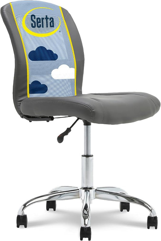 Serta Essential Armless TaskChair, Small Desk Chairs with Wheels, Breathable Mesh Back and Faux Leather, Quality Foam Cushion Seat for Comfort, Minimal Design for Vanity Table, Gray