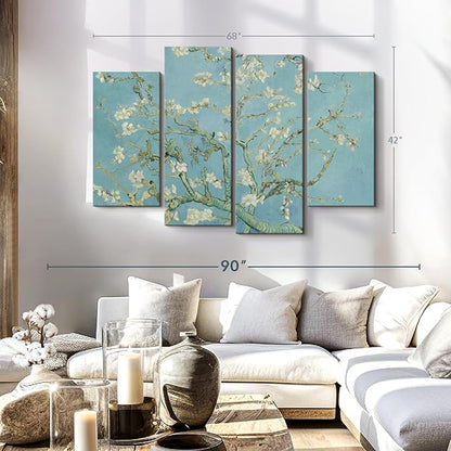 ElephantStock Almond Blossoms Wall Art - Horizontal Canvas - 4-Piece Living Room Wall Decor - Flower Painting Canvas Print - Blue and Green Decor for Wall by Vincent Van Gogh - 68" X 42"