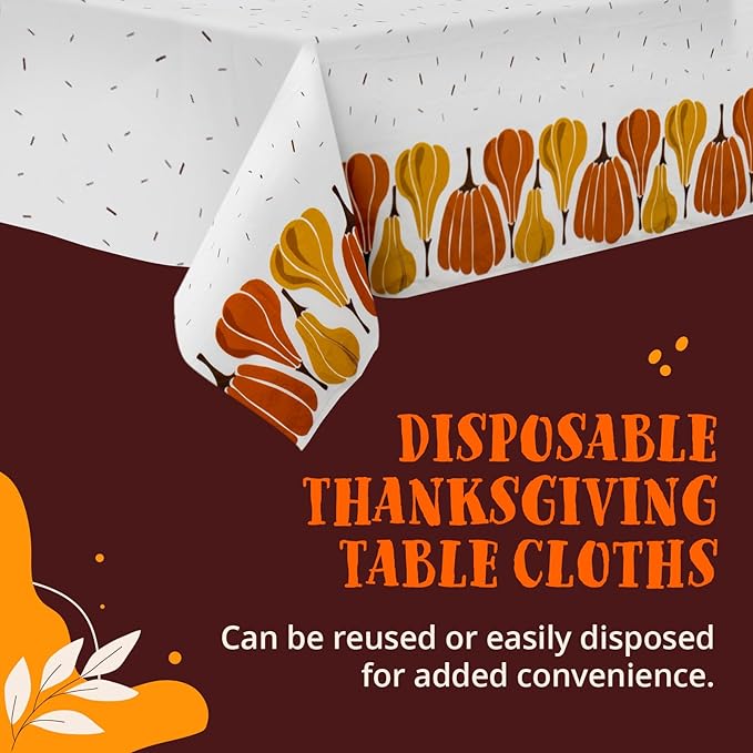 Thanksgiving Tablecloth, 2-Pack Disposable Table Cloths, Pumpkins Plastic Table Covers, 54 x 108 Inches, Thanksgiving Party Decorations