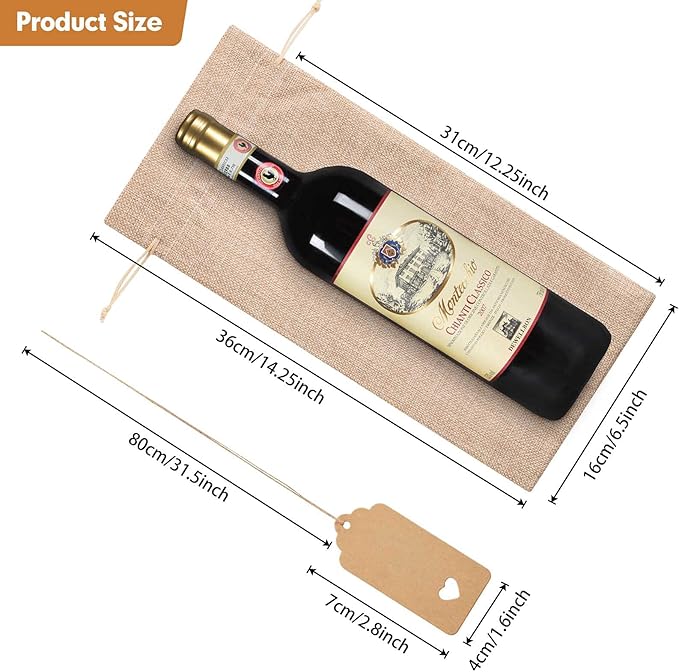 Homum 12Pcs Premium Burlap Wine Bags and 12Pcs Gift Tags, Reusable Wine Gift Bags with Drawstrings, Wine Bottle Bags, Wine Bags for Wedding, Birthday, Blind Tastings, Christmas, Travel,Party, Home Storage