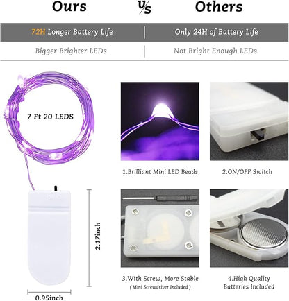 12 Pack Fairy Lights Battery Operated String Lights，7FT 20LED Waterproof Silver Wire Christmas Lights Outdoor,Firefly Mini Lights for Bedroom Party Birthday Wedding Indoor Decorations.