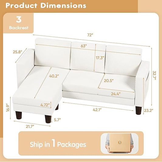 VICTONE Convertible Sectional Sofa Couch, 3 Seat L-Shaped Sofa with Linen Fabric Ottoman Small Couch for Small Apartments, Living Room and Office (Corduroy, Cream)