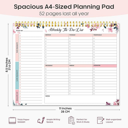 Taja Weekly To Do List Notepad with 52 Undated Sheets（8.5"×11"）- Weekly Desk Planner for Women & Man, Work and Home - 1 Pack Whispering Petal