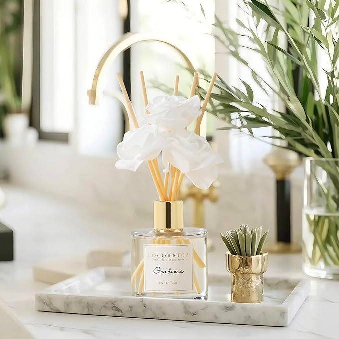 Cocorrína Reed Diffuser Set,6.7oz (200ml) Gardenia Scented Diffuser with 3 White Rose Foam Flowers & Cotton Sticks, Home Fragrance Reed Diffuser for Bathroom Shelf Decor