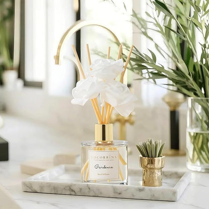 Cocorrína Reed Diffuser Set,6.7oz (200ml) Gardenia Scented Diffuser with 3 White Rose Foam Flowers & Cotton Sticks, Home Fragrance Reed Diffuser for Bathroom Shelf Decor