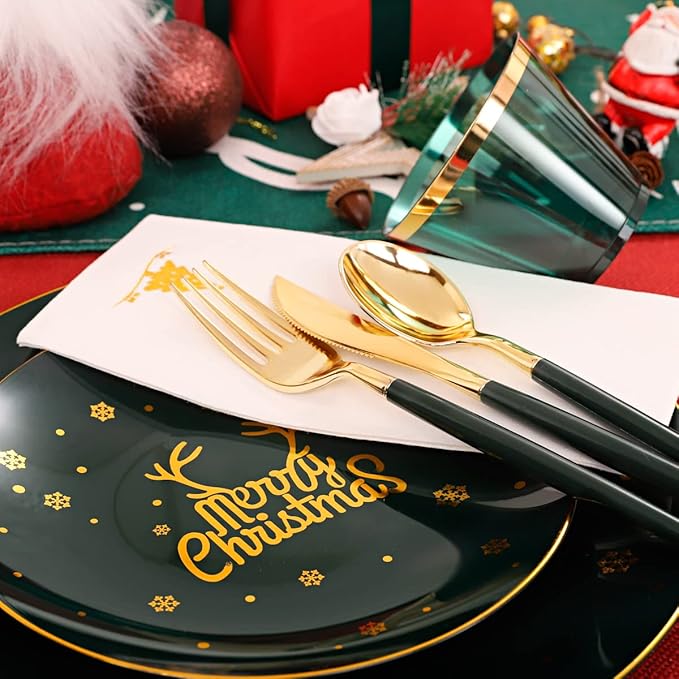 Nervure 175PCS Christmas Plastic Plates - Green and Gold Disposable Plates & Gold Plastic Silverware with Green Handle include 50 Plates 25Knives 25Forks 25Spoons 25Napkins for Christmas Party
