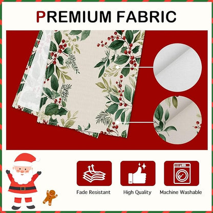 Christmas Table Runner 13x72 Inch Winter Holiday Greenery Red Berries Farmhouse Dining Table Decoration Burlap Tablecloth for Kitchen Dining Indoor Outdoor Christmas Party Home Decor