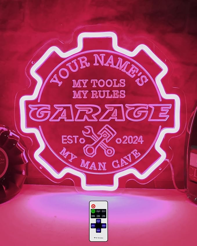 Custom Garage Neon sign for Wall Decor with Timing Remote, Personalized Gear Garage LED Neon Light for Man Cave, Home Bar, Workshop, Son Dad Birthday Gift BABY PINK