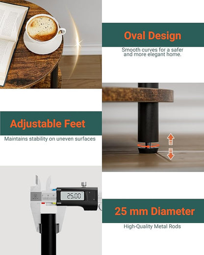 Small Round Side Table - 3-Tier Oval Accent Table for Small Spaces, Rustic Wood and Metal Nightstand for Living Room or Bedroom, with Built-in USB Ports and Power Outlet, Rustic Brown